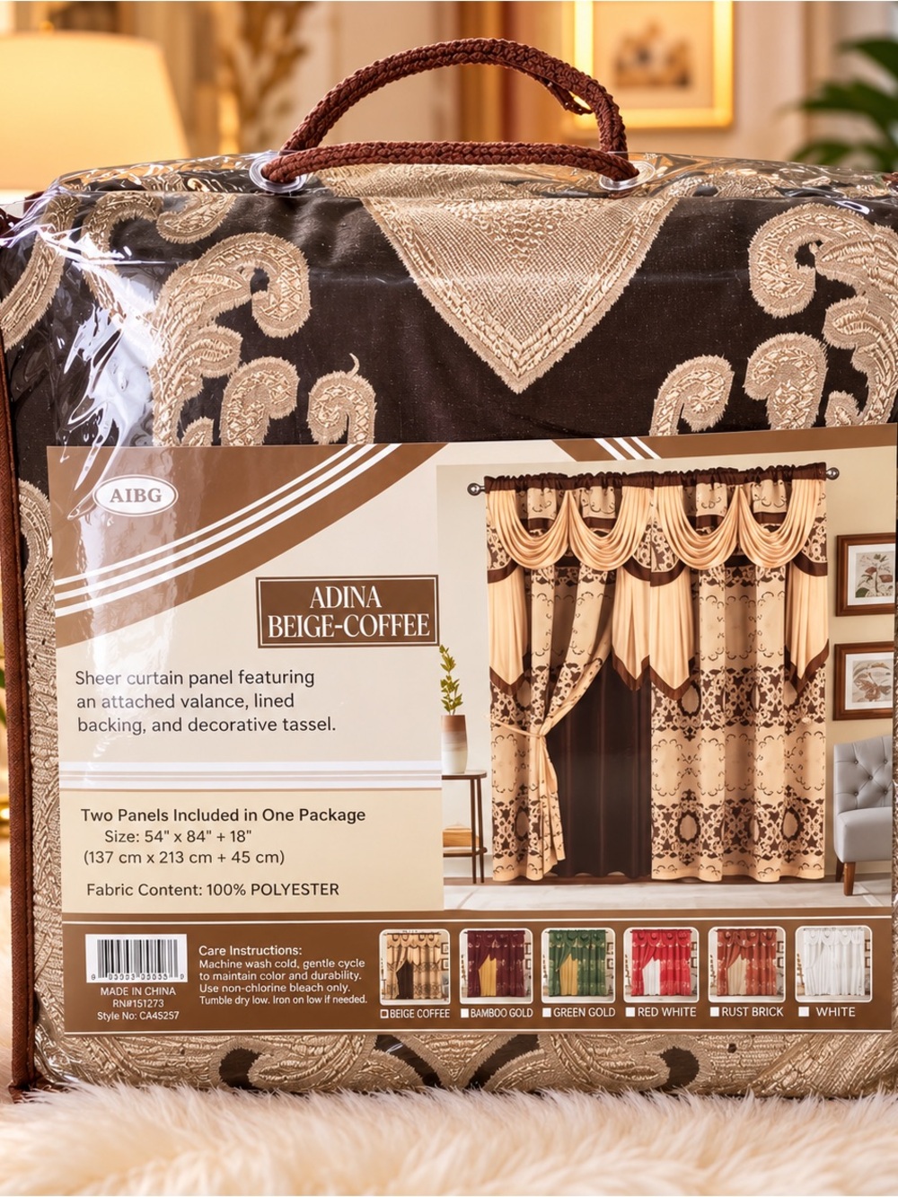 Adina Beige-Coffee Sheer Curtain Panel Set by